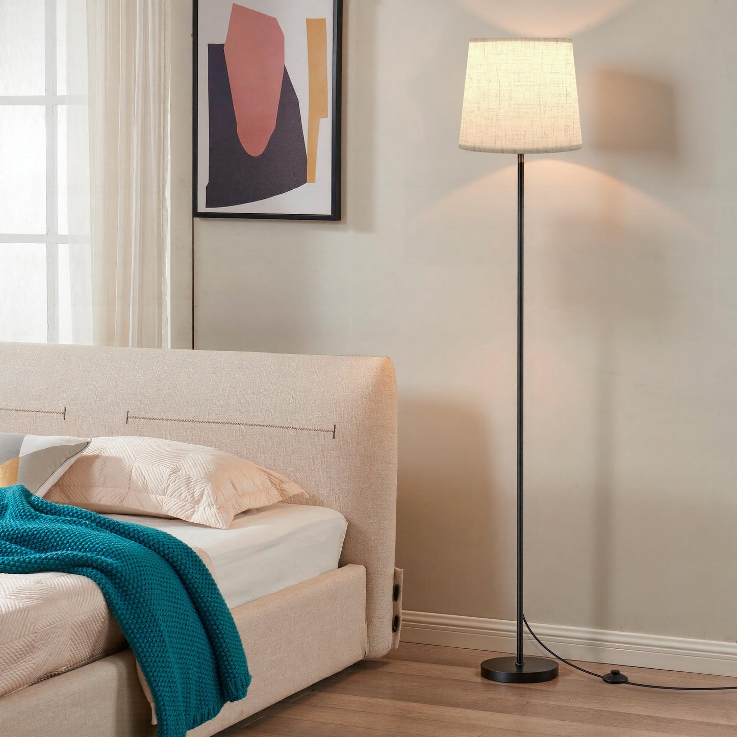 SIBRILLE Floor Lamp with Linen Shade - 62" Dimmable LED Standing Lamp with Remote Control, 9W E26 Bulb Included, 3000-6000K, Modern Floor Reading Light for Bedroom Living Room Office Corner, Black