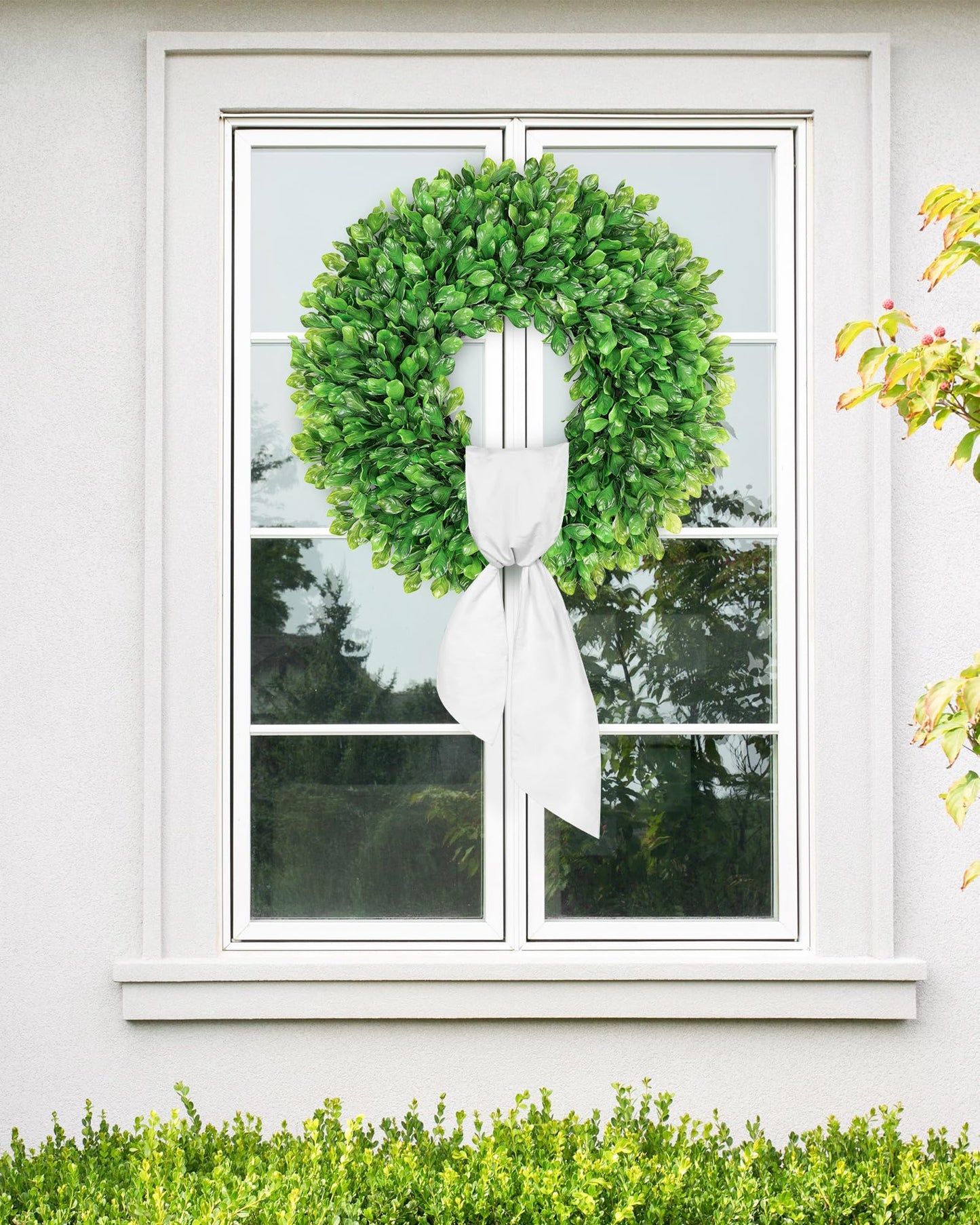 Vlorart 24 Inch Faux Round Boxwood Wreath, Weatherproof Front Door Large Wreaths Artificial Spring Summer Greenery Wreath with Sash for Farmhouse Wedding Year Round Indoor and Outdoor