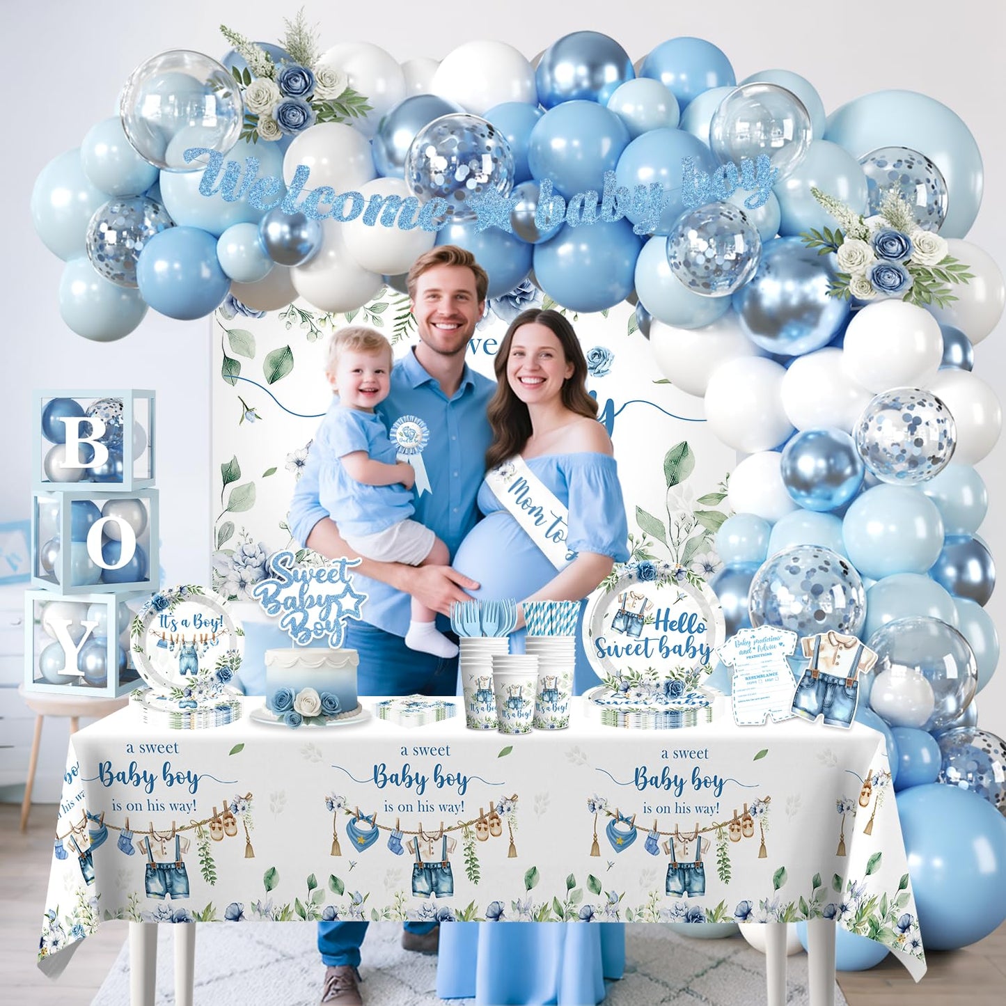 cocomigo 260PCS Baby Boy Baby Shower Decorations All-in-One Set with Baby Boy Balloon Arch, Tableware, Advice Cards, Cake Topper, Balloon Box, Backdrop, Sash, Corsage, Etc. Serves 20