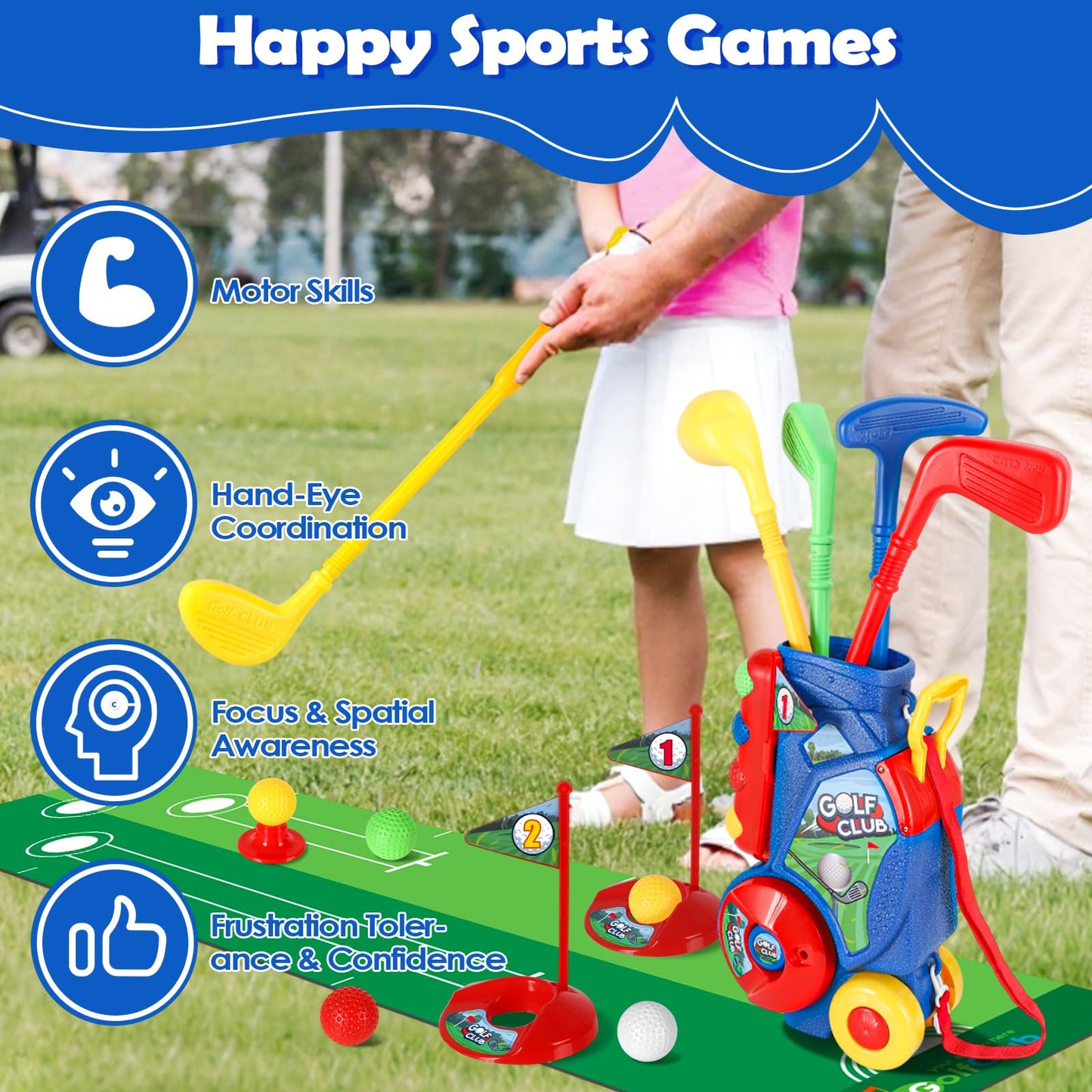 SUPER JOY Toddler Golf Set with Mat, Kids Golf Cart with 4 Clubs & 8 Balls, Indoor Outdoor Golf Toys for Boys Girls, Mini Golf Gifts for Baby 3-5 Years Old