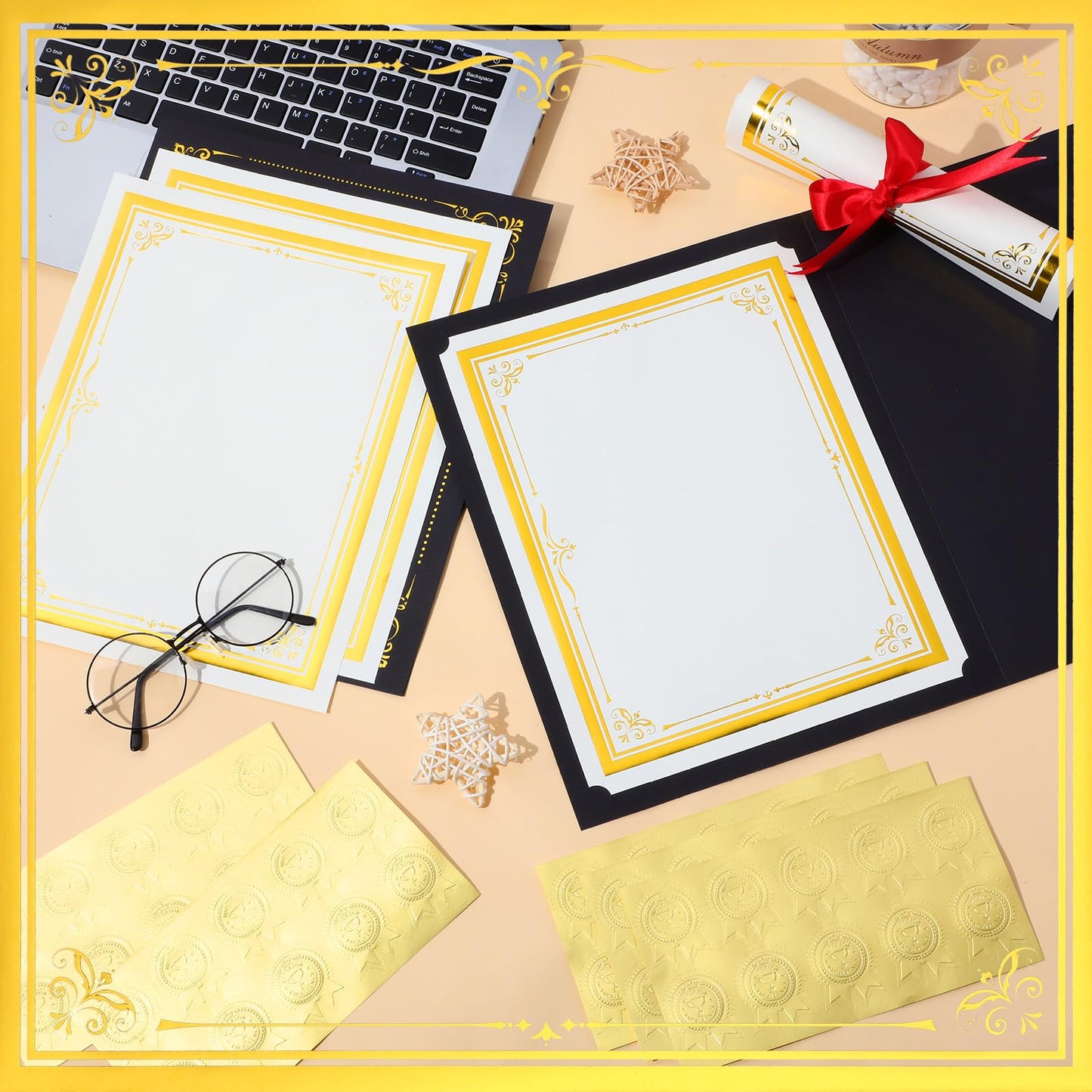 Noveread 180 Pcs Certificate Kit, 60pcs Black Certificate Holders & 60pcs Letter Size Papers & 60pcs Gold Foil Award Seals, Graduation, Employee Recognition, Schools & Ceremonies