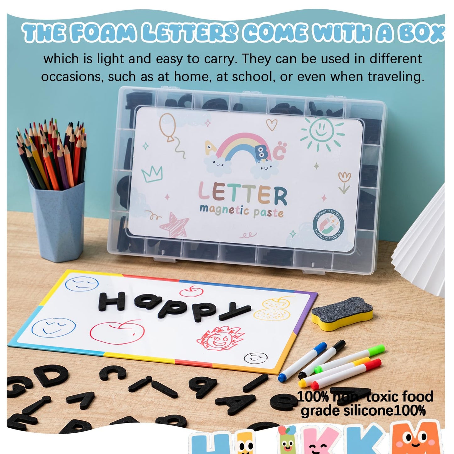 MotiMind 246 Pcs Soft Foam Magnetic Alphabet Letters Kit EVA Alphabet Learning Toys with Whiteboard and Pens Fridge Magnets for Preschool Kids Toddler Spelling and Learning (Boho Color)