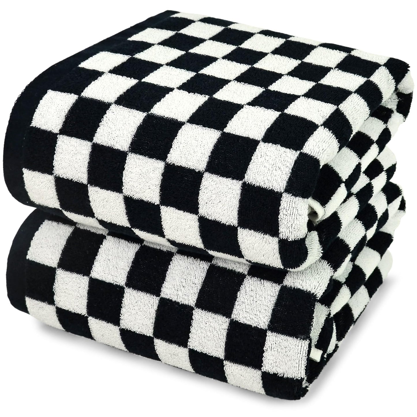 Jacquotha Black and White Checkered Cotton Bath Towels Set of 2 - Cute Aesthetic Towels for Bathroom Decor, Pool, Beach, Spa, 27.5" x 55"