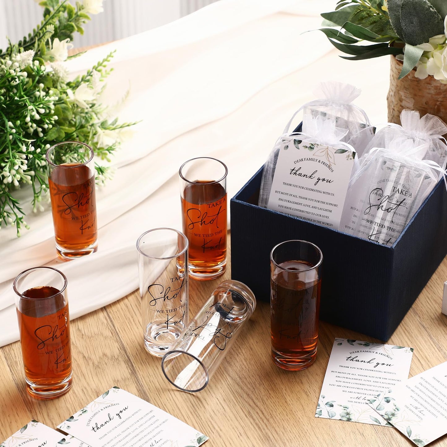 Sliner 50 Set Wedding Favors for Guests Bulk 2oz Acrylic Take a Shot We Tied the Knot Shot Glasses with Thank You Cards Organza Bags for Guest Souvenirs Wedding Gifts Newlyweds Bridal Shower Party