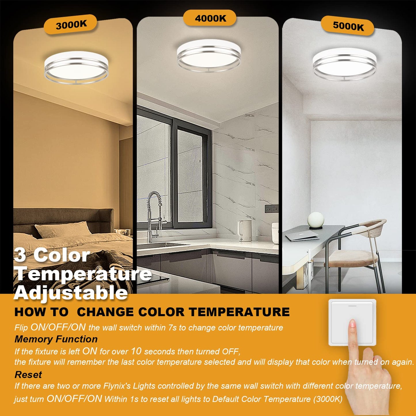 Flynix 12.5 Inch LED Flush Mount Ceiling Light Fixture, 26W, Super Bright 1700 Lumens, 3 Color 3000K/4000K/5000K, Dimmable Ceiling Lamp for Bedroom Hallway Bathroom Kitchen Laundry (White Nickel)