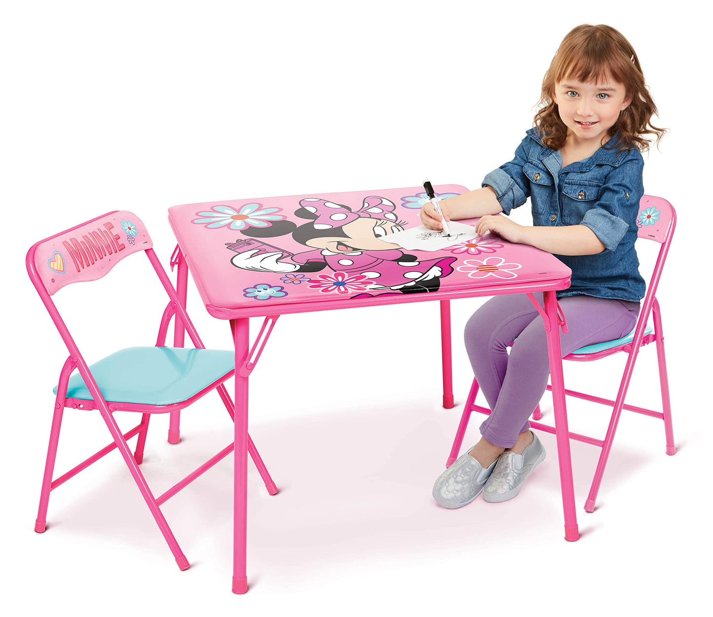 Minnie Mouse Kids Table & Chairs Set for Kid and Toddler 36 Months Up To 7 years, Includes: 1 Table (24"L x 24"W x 20"H), 2 Chairs (13"L x 13.5"W x 21"H) Weight Limit: 70 lb