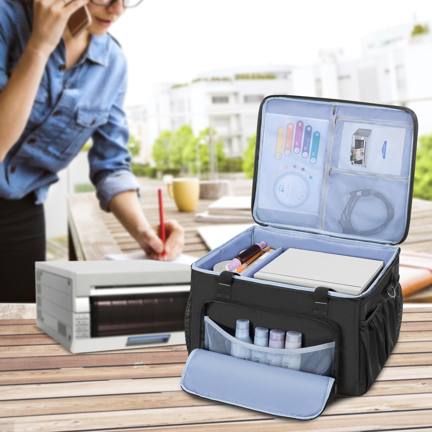 YARWO Printer Carrying Case Compatible with DNP/Fujifilm/HiTi Dye Sublimation Photo Printer, Padded Printer Travel Bag with Divider for Thermal Photo Printer, Media Rolls, Paper, 18.5 x 16.5 x 12.6 in
