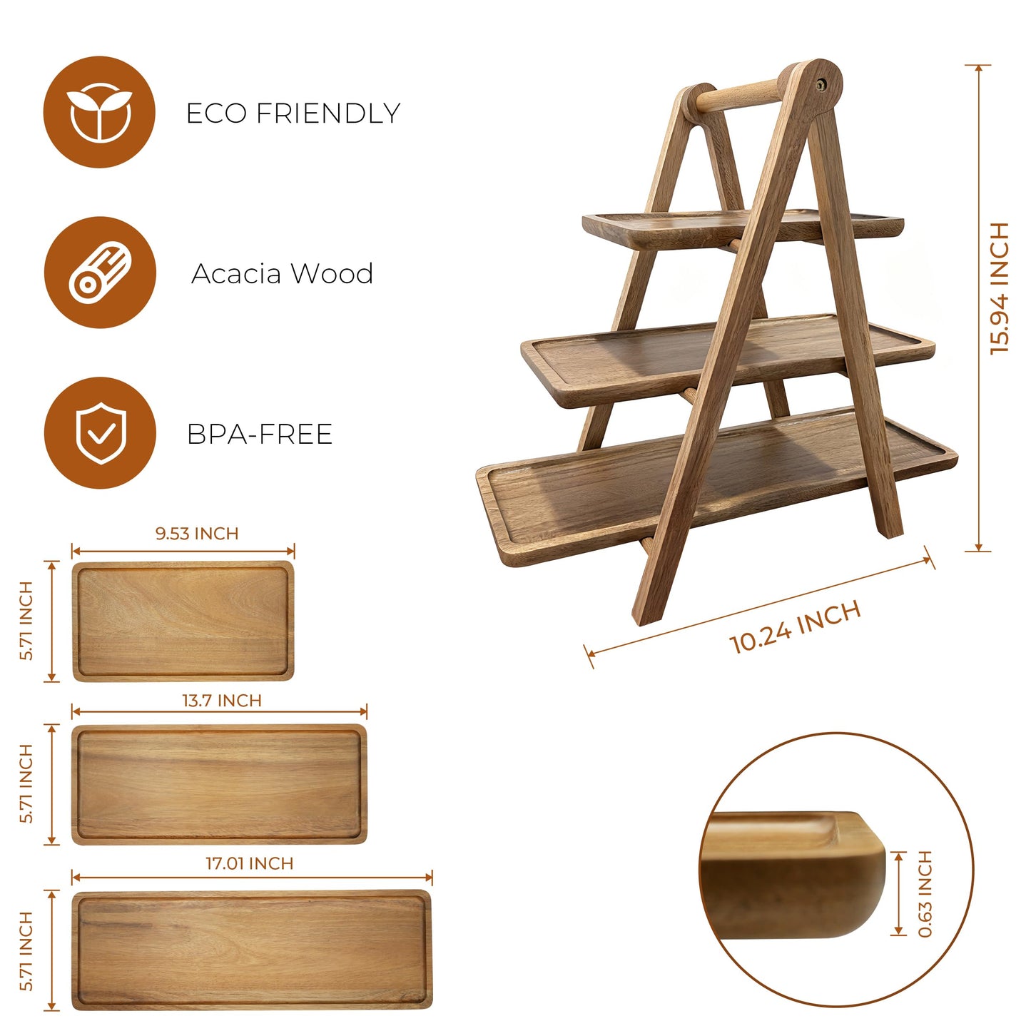 WARMKEY Acacia Wood 3 Tier Foldable Serving Tray – Rectangular Farmhouse Stand for Charcuterie Board, Cupcake, Dessert, Party Wedding Decor, Small Flower Pot Display, Easy Storage
