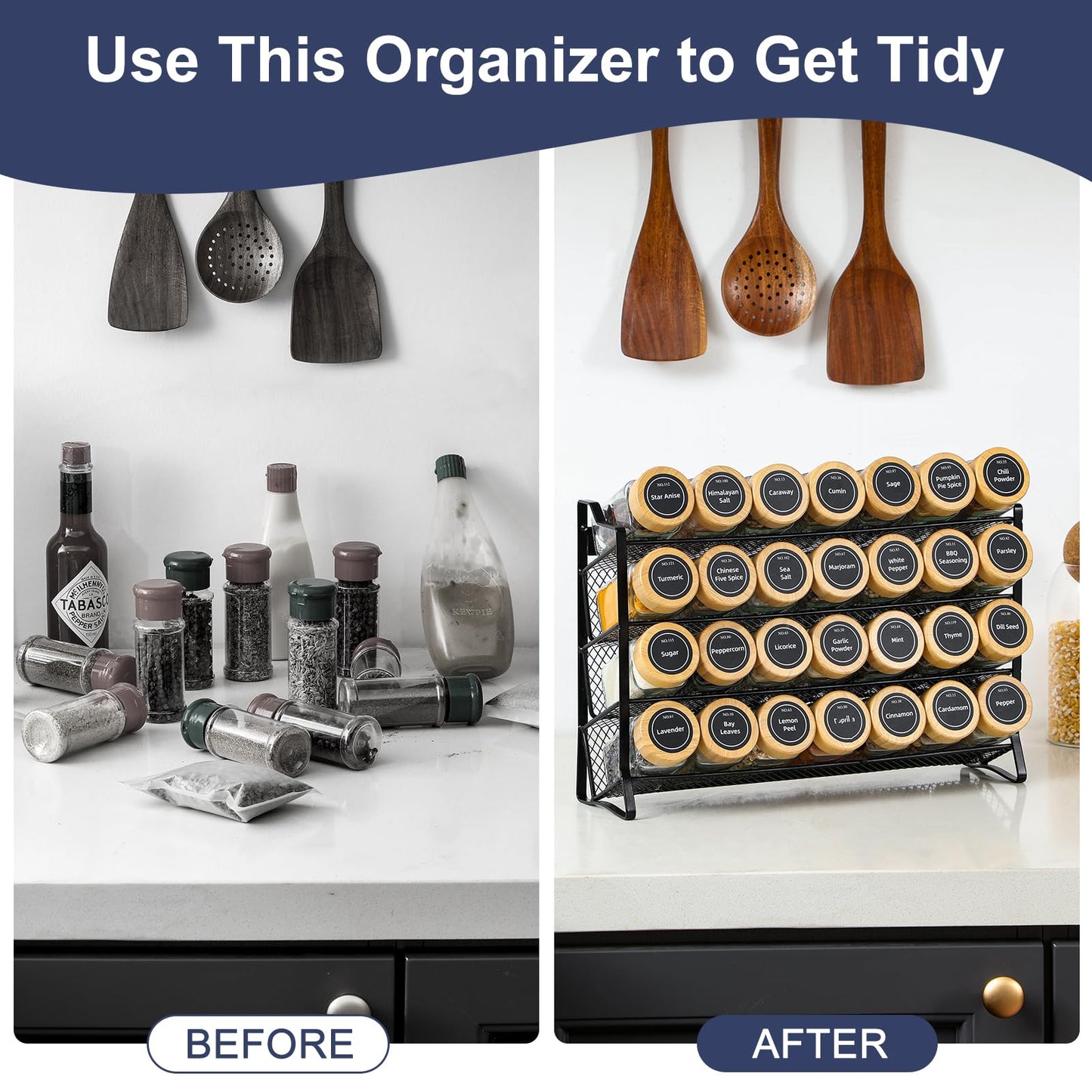 AOZITA Spice Rack Organizer for Cabinet, 28 Empty Spice Jars with Bamboo lids, Funnel, Spice Labels, Seasoning Organizer for Countertop, Cabinet, Kitchen, Pantry, Cupboard