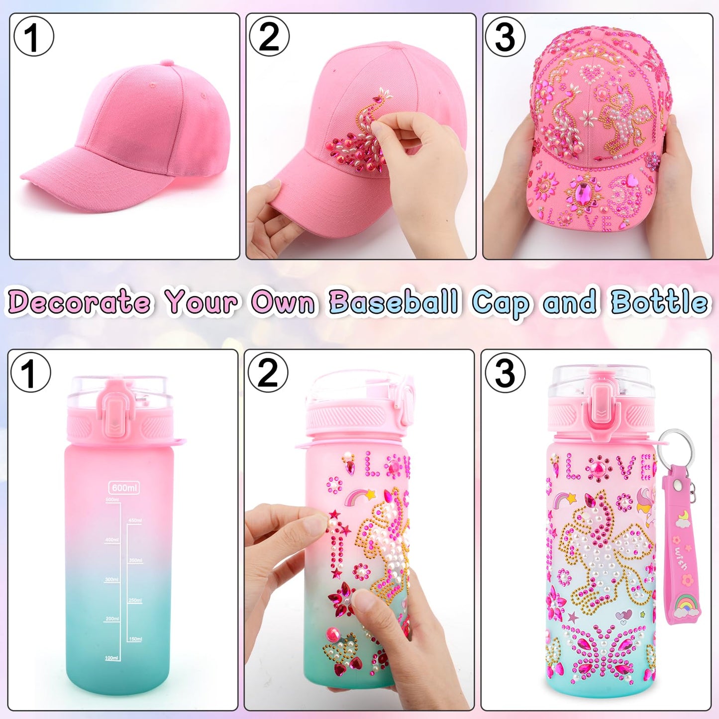 Gifts for Girls Decorate Your Own Water Bottle and Baseball Cap, Christmas Birthday Gifts for Girls 4 5 6 7 8 9 Year Old, Fun Arts and Crafts for Kids Ages 4-6, DIY Unicorn Stickers for Girl 8-10