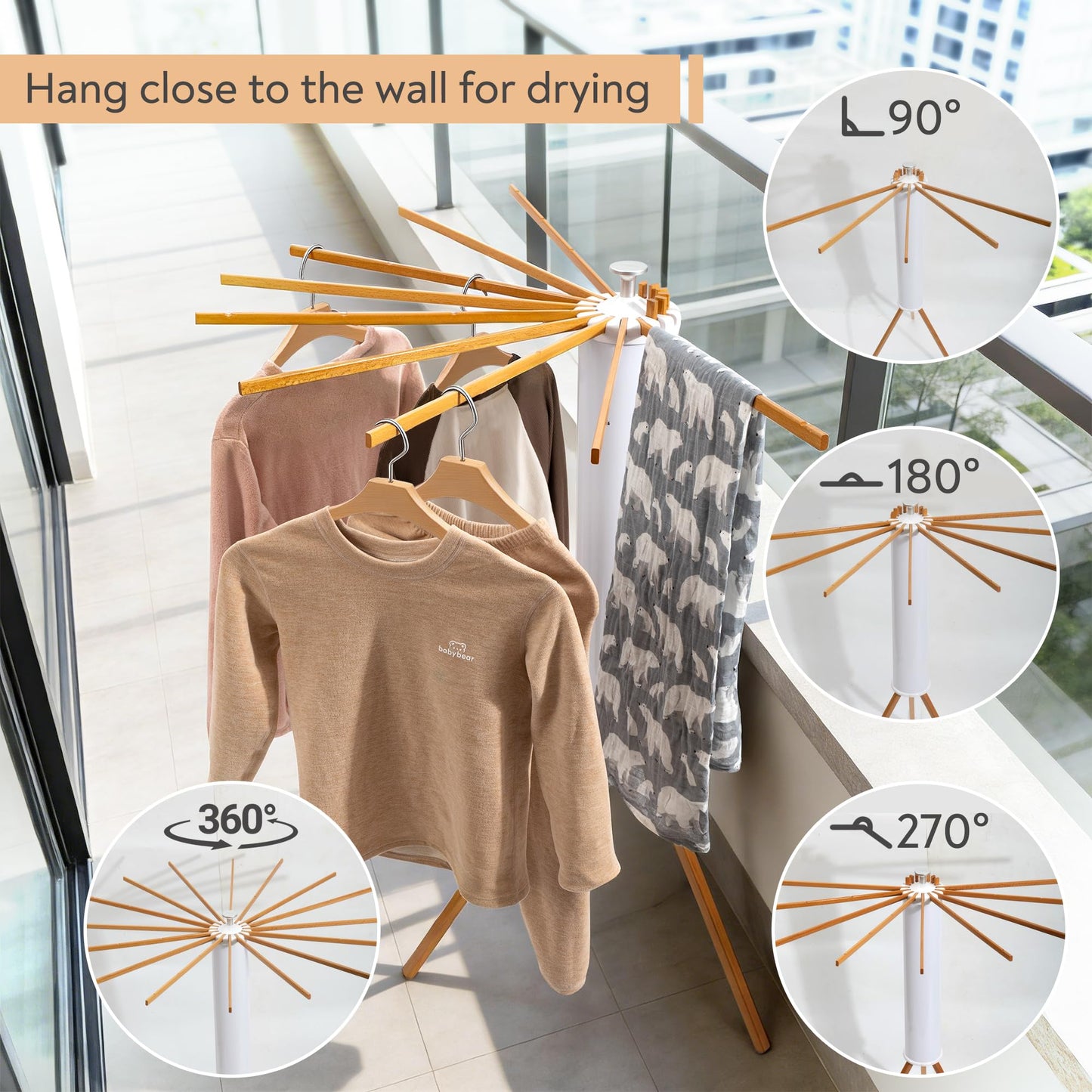 ZOFGENOW Clothes Drying Rack, Foldable Wooden Tripod Drying Rack Clothing for Small Apartments Balcony Bedroom, Portable Space Saving Laundry Rack, Floor Standing with 16 Poles for Indoor Air Drying