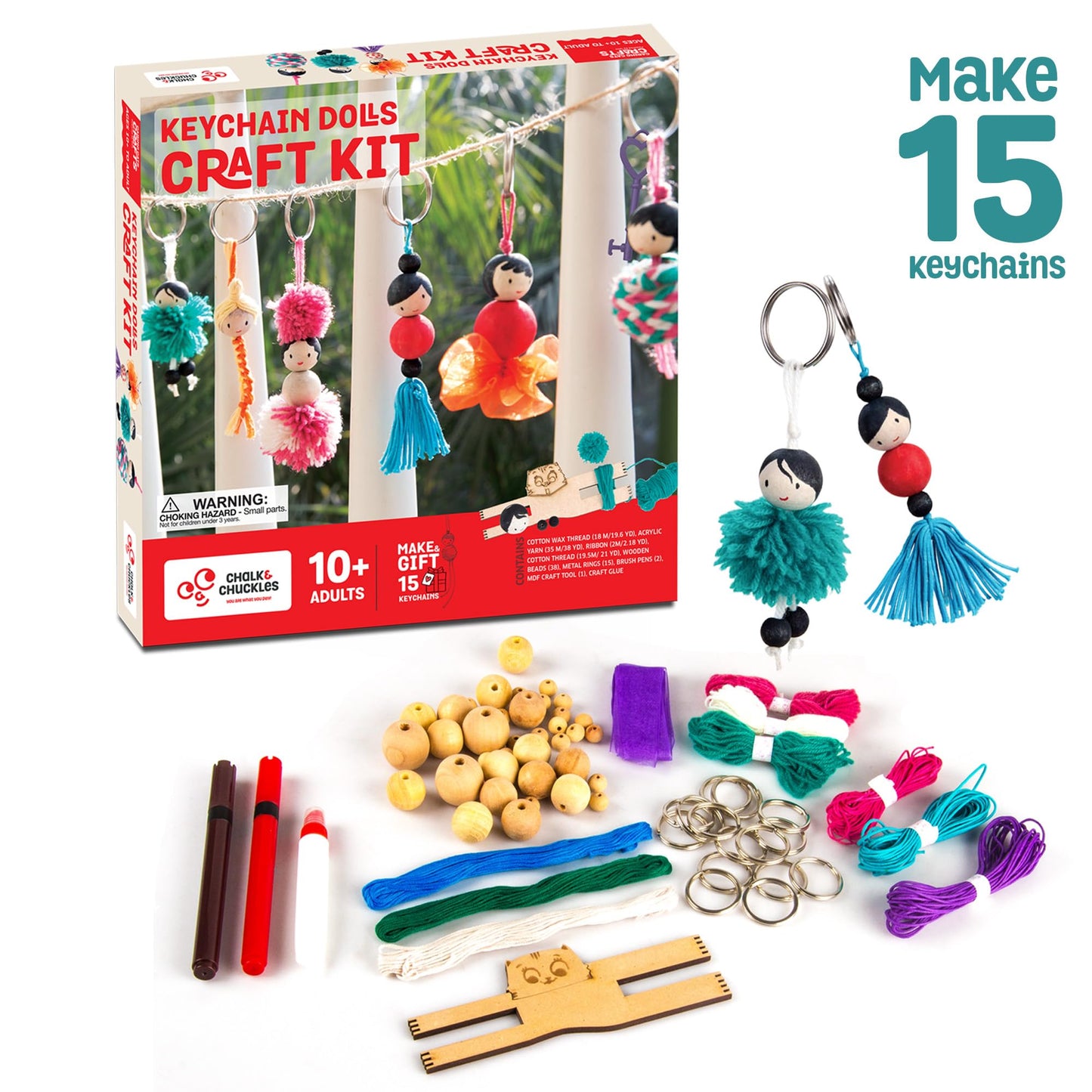 Chalk and Chuckles Keychain Dolls Craft Kit – DIY Pom Pom & Tassel Keychains for Kids Ages 6-12