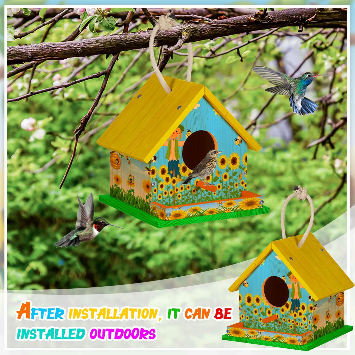Liliful Wooden DIY Birdhouse Kit for Adults Unfinished Wooden Bird Houses with Paints and Paintbrushes Spring Summer Arts and Craft Gifts Kit for Boy or Girl Classroom Birthday Activity(4 Set)