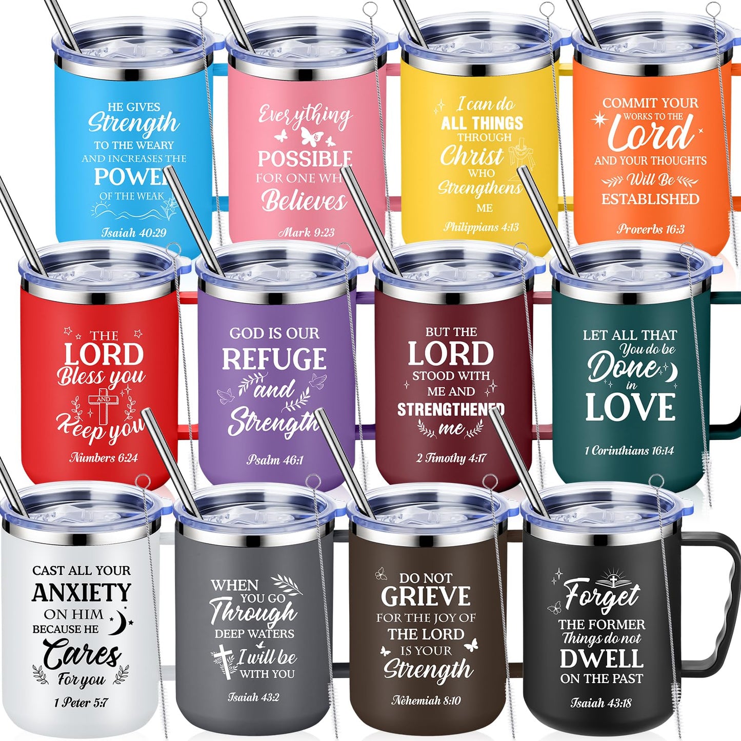 Nitial 12 Pcs 17 oz Christian Coffee Mugs with Lid and Straw Religious Bible Verse Christian Gifts Insulated Inspirational Bible Affirmations Tumbler for Friend Men Women Church Favor (Colorful)