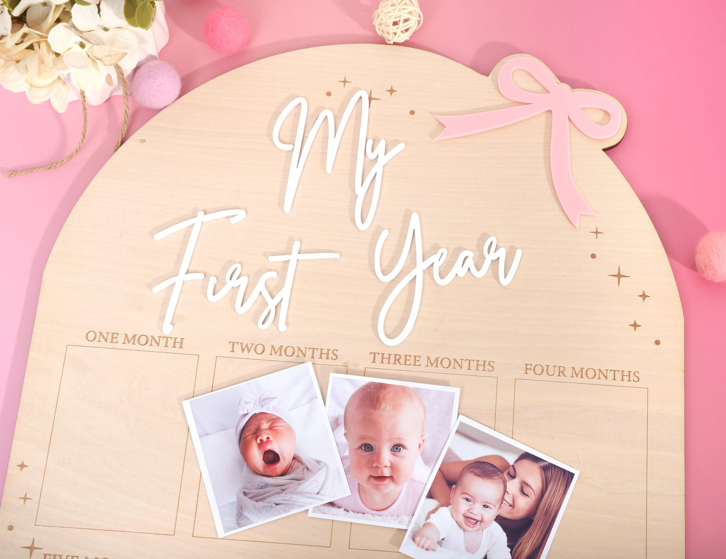 WAUAO Bow My First Year Birthday Board - One Year Of Photo Board,Monthly Milestone Wood Photo Board,First Birthday Decorations Girl,12 Months Photo Banner