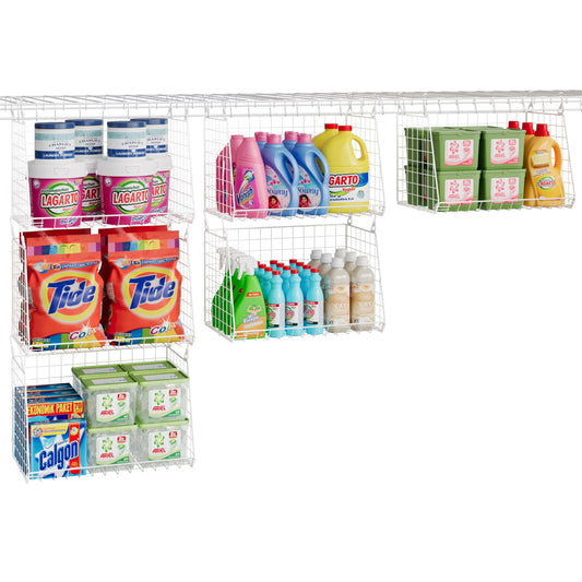 3-Pack Large Hanging Laundry Basket: Wire shelves for Laundry Room Organization with 360°Rotating Hooks Foldable Space Saving Over Washer and Dryer Shelves -Metal Laundry Basket Holder, White Patent