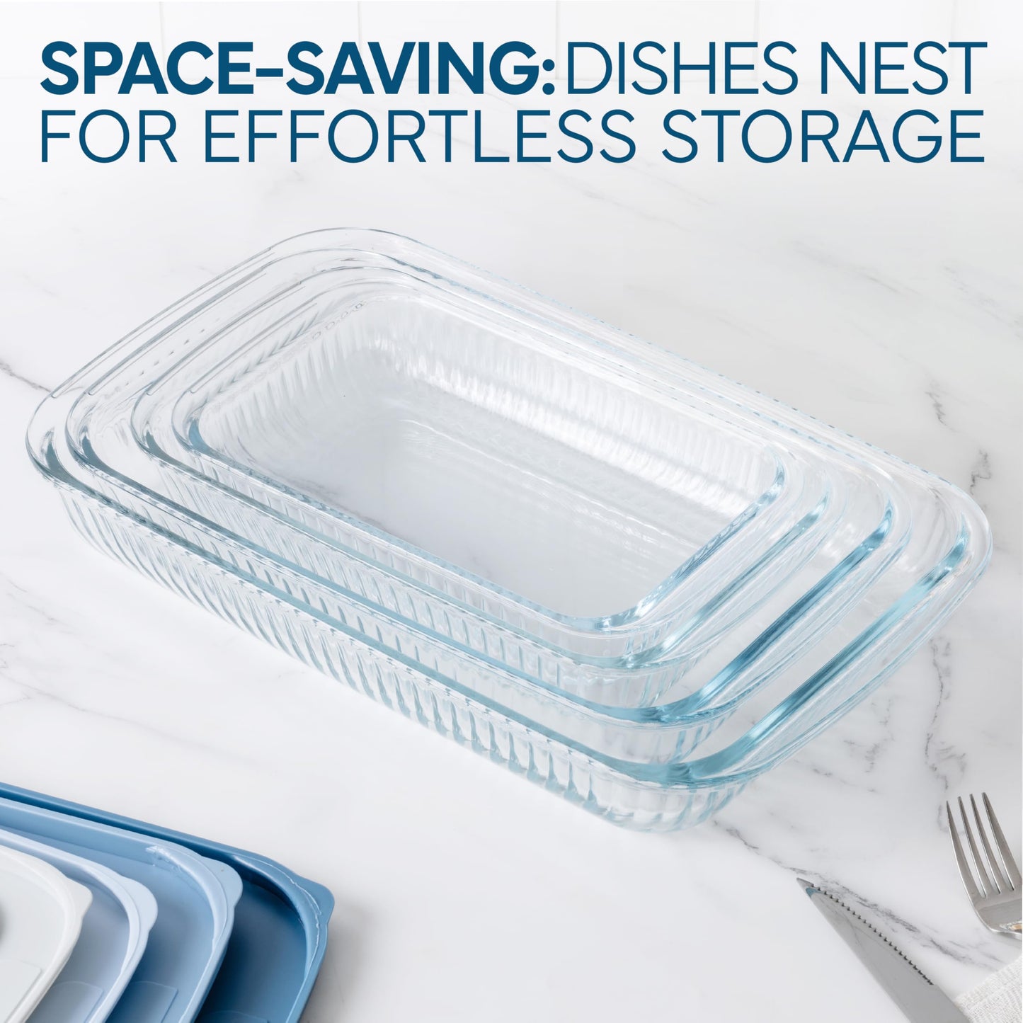 COOK WITH COLOR 8-Piece Deep Glass Baking Dish Set with Plastic Lids – Casserole and Food Storage Containers for Lasagna, Leftovers – Freezer-to-Oven, Microwave & Dishwasher Safe, Fluted Blue