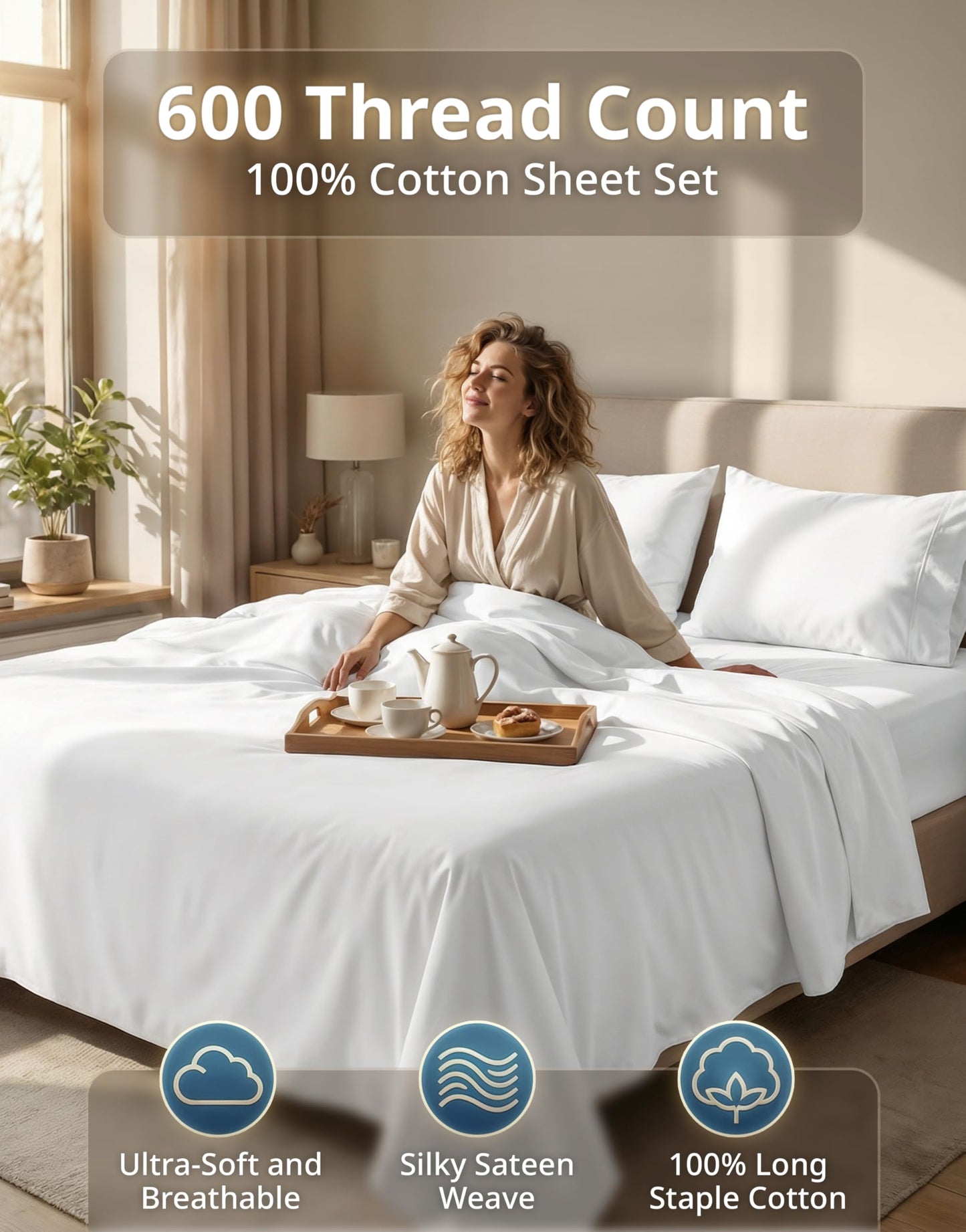 LANE LINEN King Size Sheets Set - 100% Cotton Sateen 600 Thread Count, Deep Pocket 4 Piece, Soft Breathable Hotel Luxury Oeko-Tex Certified Machine Washable All Season Durable Smooth Easy-Fit - White