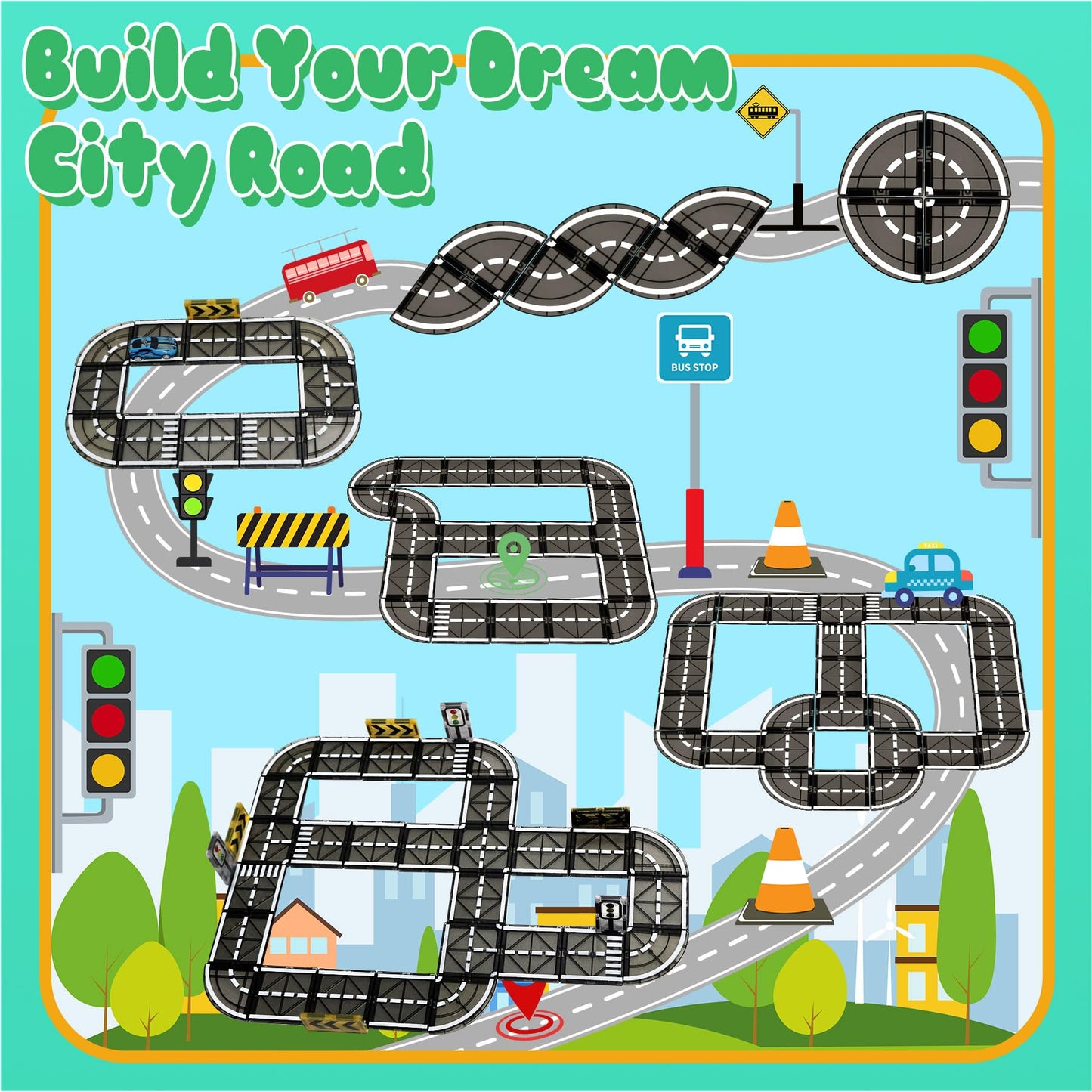Magnetic Tiles Road Set with Pullback Car, Magnetic Tiles for Kids Ages 3-5 4-8, Magnetic Building Tiles for Toddler Kids Boys Girls, Creative STEM Building Toy & Learning Educational Magnet Toys