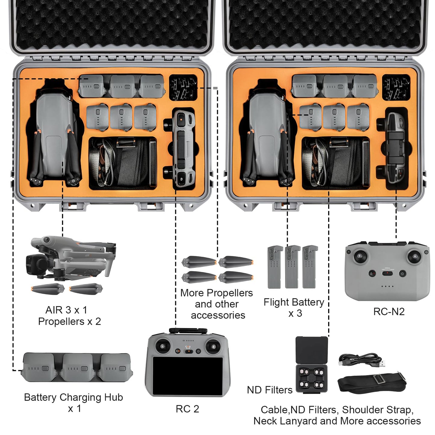 YETEETH Hard Case for DJI Air 3S Air 3, Waterproof Pressure Resistant Carrying Case for DJI Air 3S Air 3 Accessories - Fits Latest DJI RC 2/RC-N2/RC-N3 (Grey)