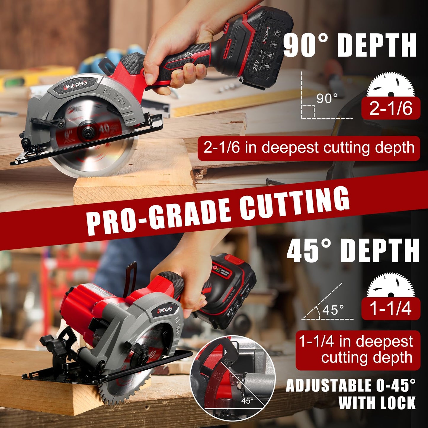 6" Cordless Mini Circular Saw, 21V Compact Wireless Circular Saw, 4.0Ah Battery, 5800RPM, Max Cut 2-1/6" (90°), 1-1/4" (45°),w/40T & 60T Blades,Fast Charger (1Hr),Applicable to Wood,Aluminum & Plastic