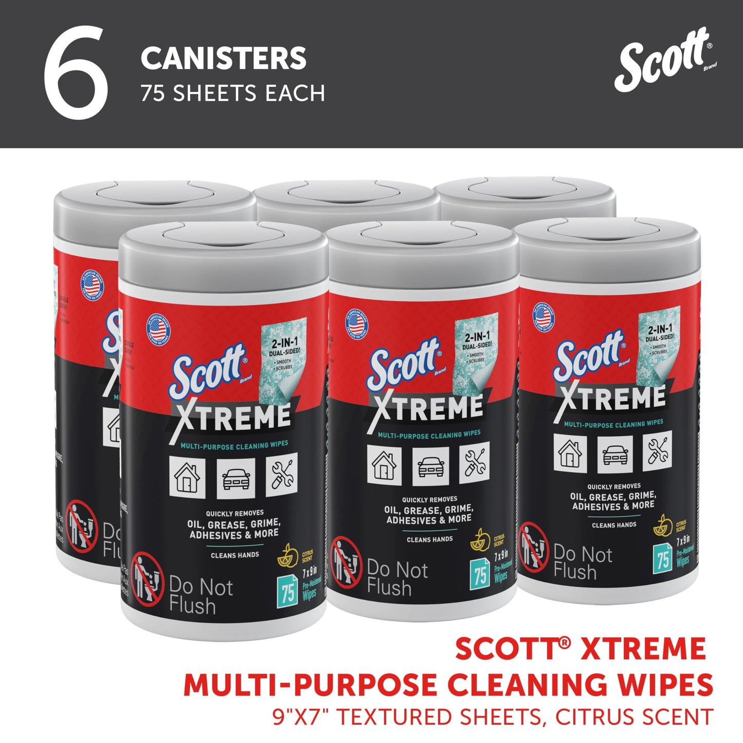 Scott Shop Original Xtreme Multi-Purpose Cleaning Wipes (54591), Heavy Duty Textured Extreme Clean Wiper with Citrus Scent, 9"x7" Wipe (6 Canisters of 75 Sheets, 450 Sheet Total)