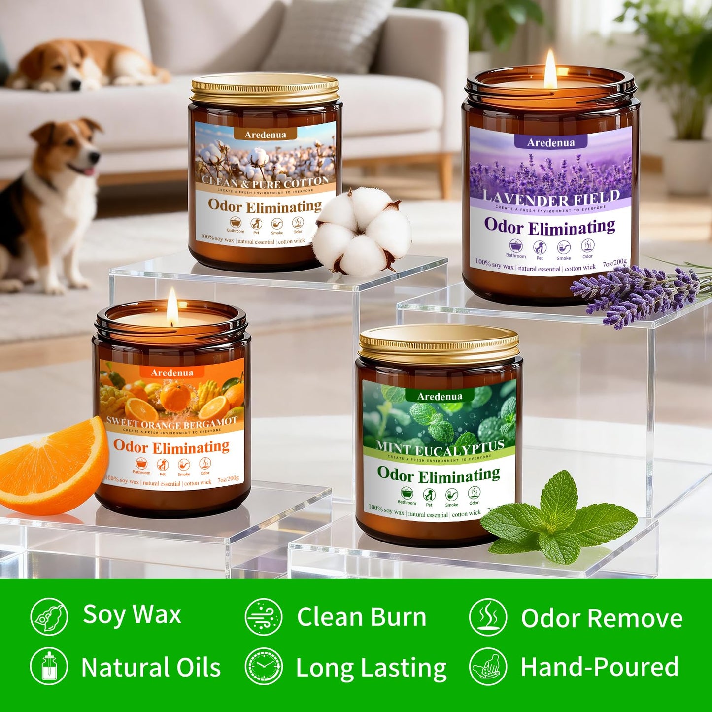 4 Pack Odor Eliminating Candles Set - Eliminates 95% of Pet, Smoke, Food & Other Smells - Air Freshing Scent of Orange/Mint/Lavender/Cotton - Up to 200 Hour Burn time - 28 oz Natural Soy Wax