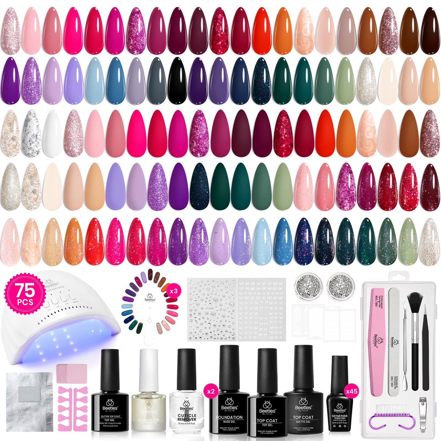 Beetles Spring Gel Nail Polish Kit with Uv Light, 75PCS 45 Colors Gel Polish Starter Kit with Base Top Coat, Exquisite Femininity Burgundy Red Green Nude Gel Polish Nail Art Gift for Women