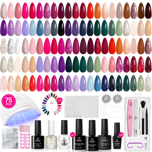 Beetles Spring Gel Nail Polish Kit with Uv Light, 75PCS 45 Colors Gel Polish Starter Kit with Base Top Coat, Exquisite Femininity Burgundy Red Green Nude Gel Polish Nail Art Gift for Women