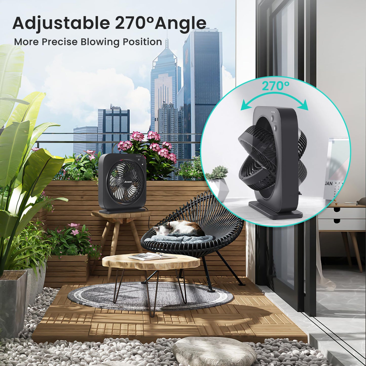 AMACOOL Table Fan, 12 inch Box Fan with 3 Adjustable Speeds & 8HRS Timer, 270° Pivoting Quiet Air Circulator, Desktop Fan for Bedroom Bathroom Kitchen Office, AC Adapter Included-Black
