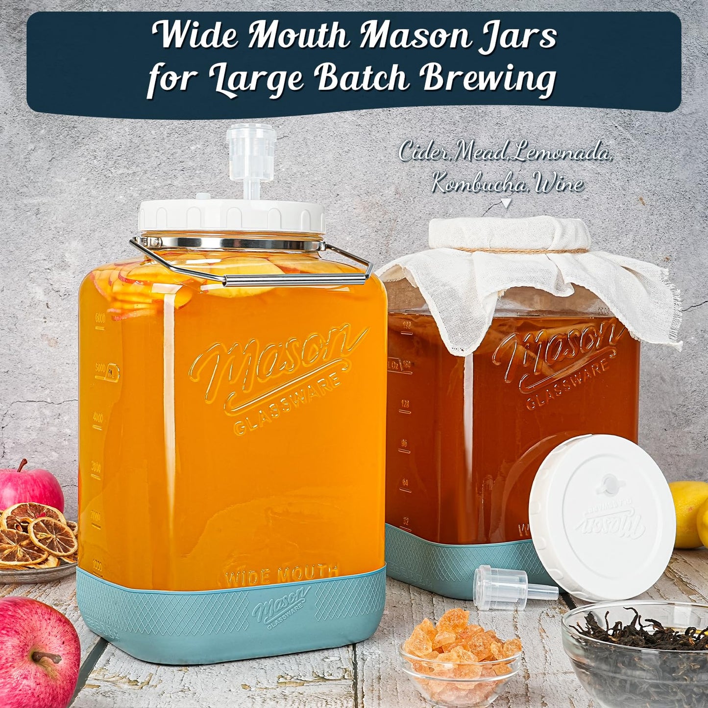 Dwbligt 2 Pack Large Fermentation Jars with Airlock, 2 Gallon Glass Jar with Airtight Lid-Wide Mouth Mason Jar with Handle & Non-slip Base for Mead Making & Kombucha, Pickle Jar, Kimchi Containers