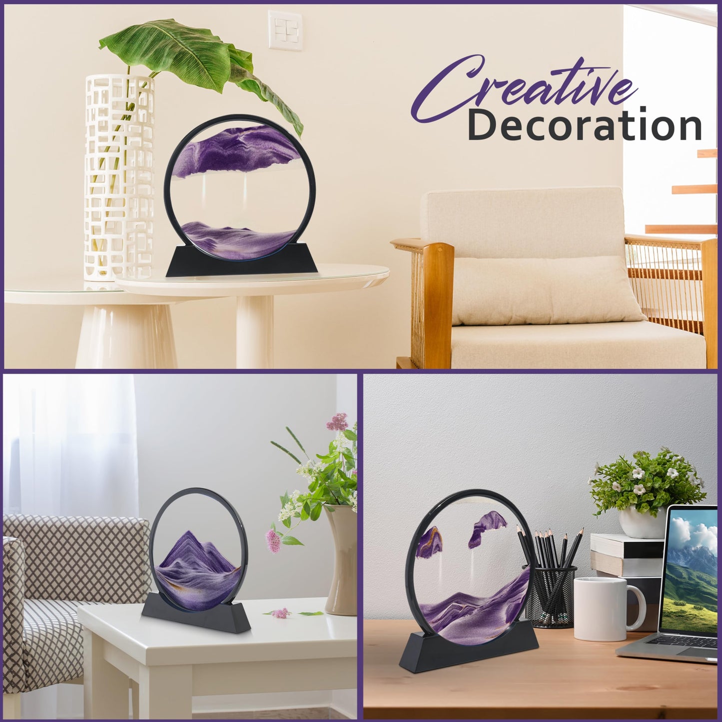 STEPOUT Moving Sand Art Liquid Motion - Perfect for Home, Office, Kitchen, Desk Decor, Crafted with Anit-Slip Wooden Base - Unique Picture Frame Style, 12" (Purple)