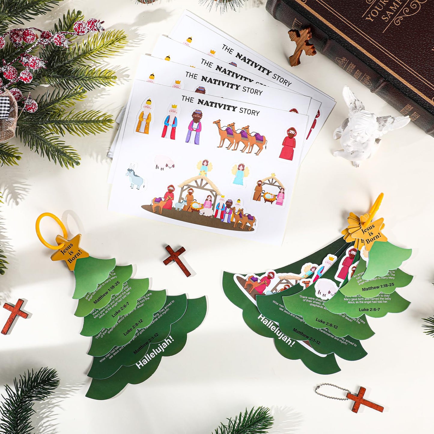 Seenelling 24 Sets Nativity Crafts for Kids Religious Nativity Scene Stickers DIY VBS Crafts Christmas Tree Jesus Story Books Kids Christian Storytelling Play Kits for Church