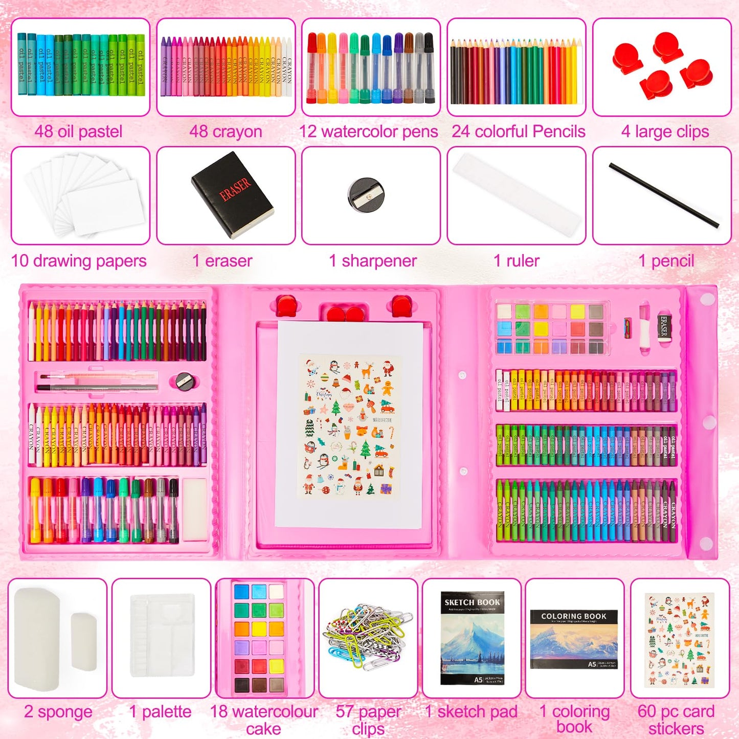 KINSPORY Art Kit, 290 Pack Art Set Crafts Drawing Kit for Kids, Double-Side Trifold Easel, Coloring Book, Sketch Pad, Pastels, Crayons, Pencils, Beginner Artists Gift (Pink)
