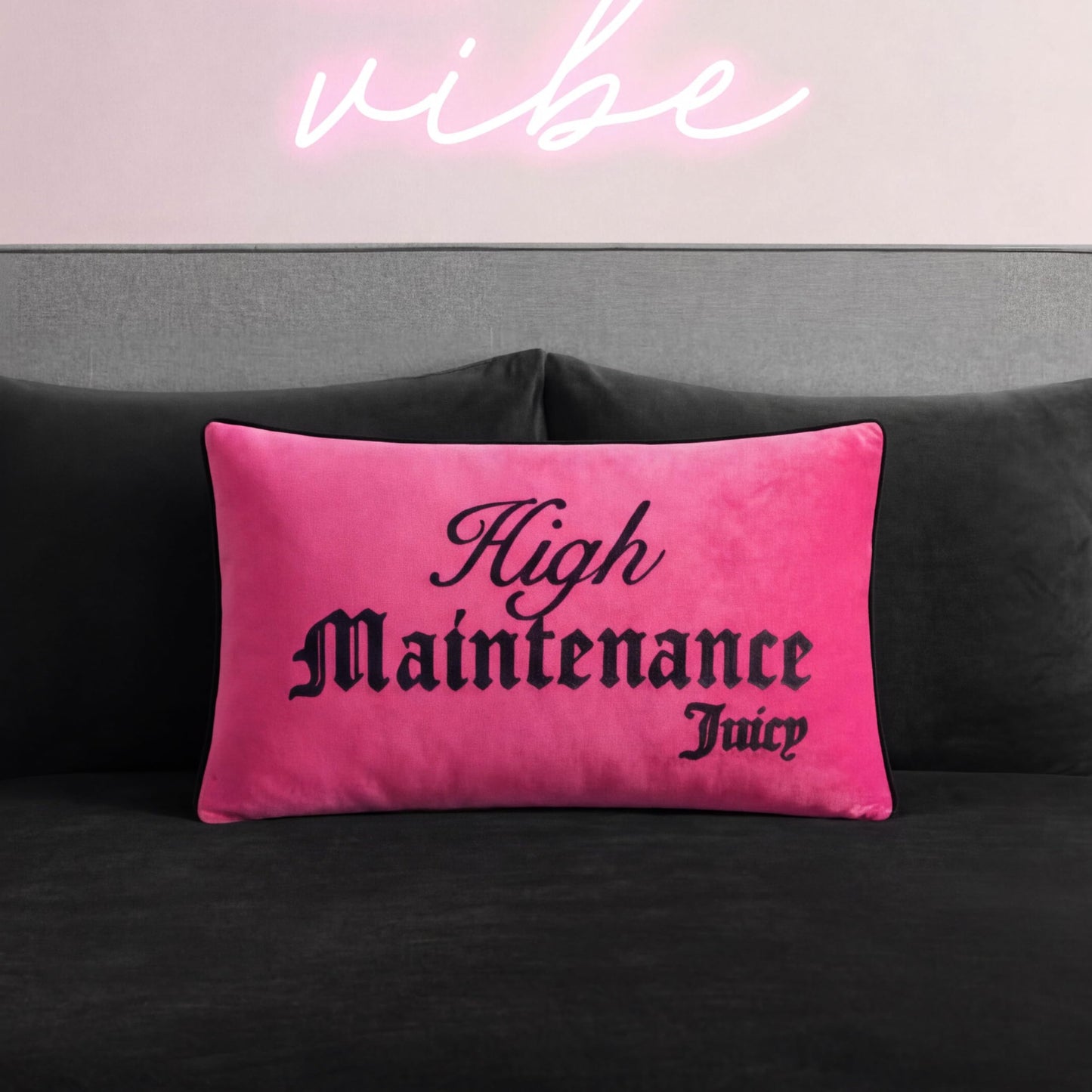 Juicy Couture High Maintenance/Expensive Taste Reversible 14" x 24" Decorative Pillow, Hot Pink/Black