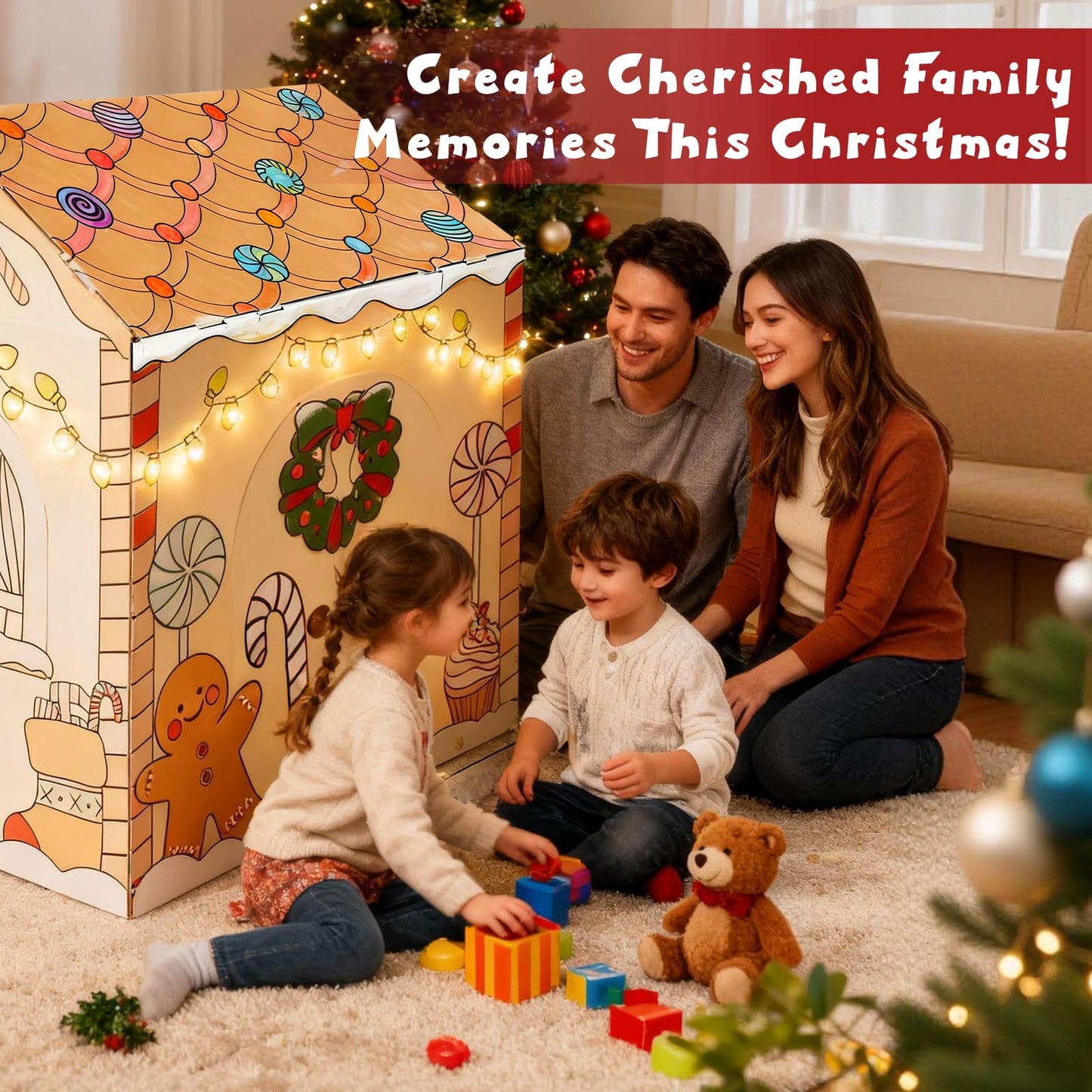 kockuu Gingerbread Cardboard House to Color for Kids Toddlers, Large Gingerbread Cardboard Coloring House Playhouse Christmas Arts & Crafts Activity Indoor Fun, 40" x 32" x 26"