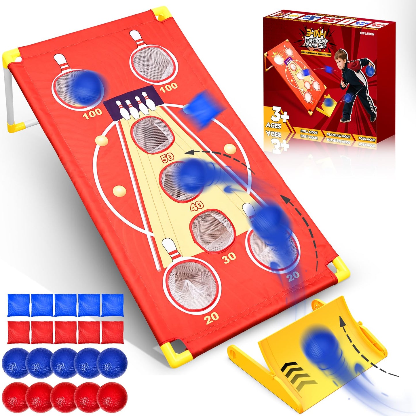 3-in-1 Cornhole Board Set Arcade Roll & Score, Bean Bag Toss & Ball Toss Game, Outdoor Carnival Party Toys for Kids & Adults, Backyard Yard Games for Camping, Family Reunion, Field Day