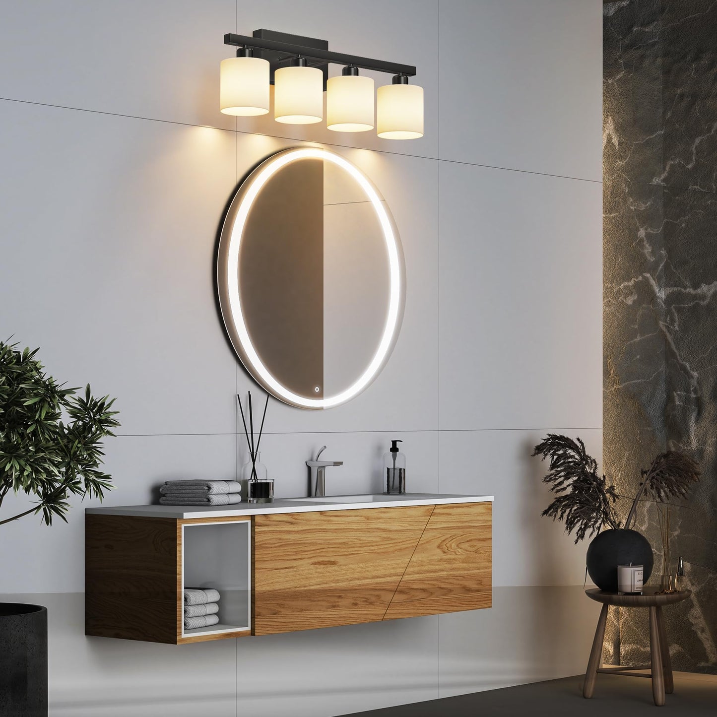 PARTPHONER Classic Vanity Lights, Modern Bathroom Vanity Light with Textured White Glass Shade, Matte Black, 4-Light