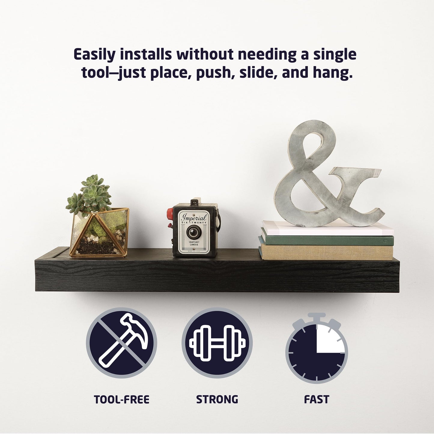 HIGH & MIGHTY 515658 Modern 24" Floating Shelf Holds up to 20lbs, Easy Tool-Free Dry Wall Installation, Flat, eCommerce Packaging, Black