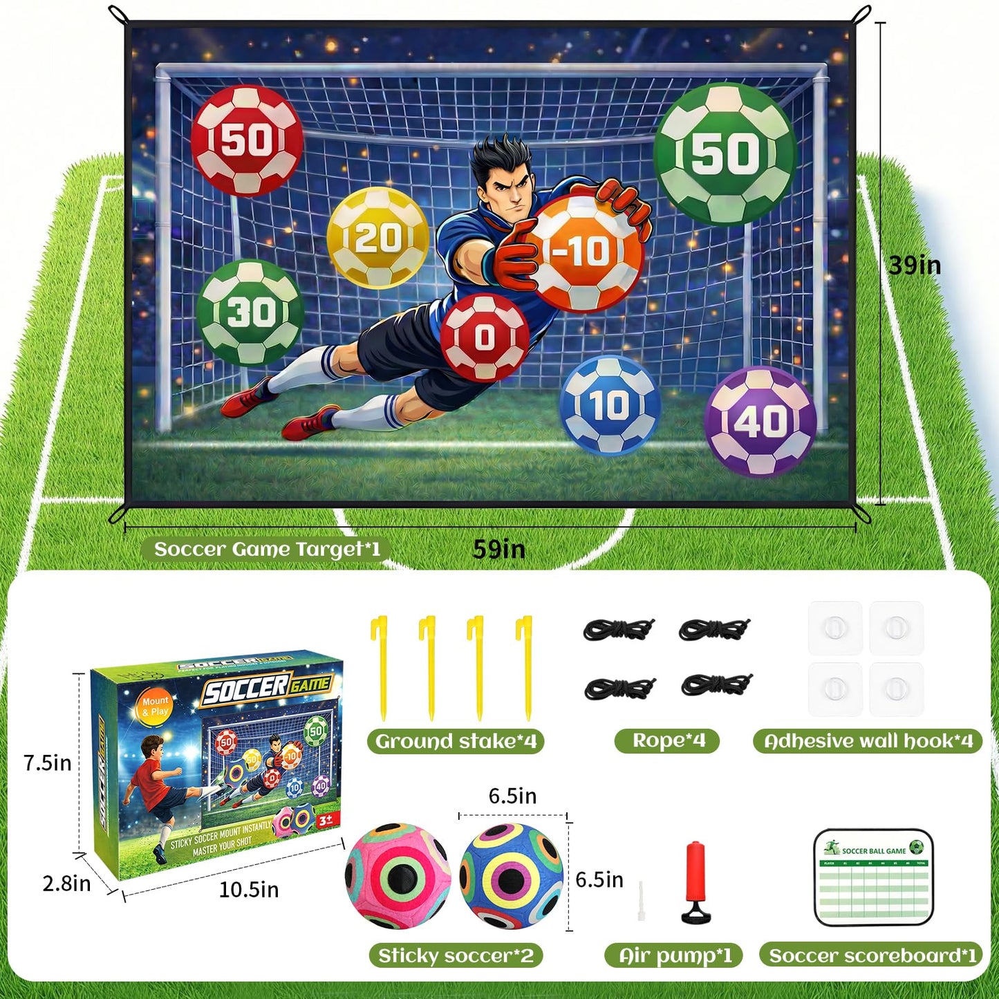 CARDOBIR Soccer Ball Game Mat Set for Kids, Sticky Soccer Target Game with 59 x 39 in Flannel Mat, Scoreboard and 2 Balls, Indoor Outdoor Soccer Toys for Ages 3–8 (Medium)