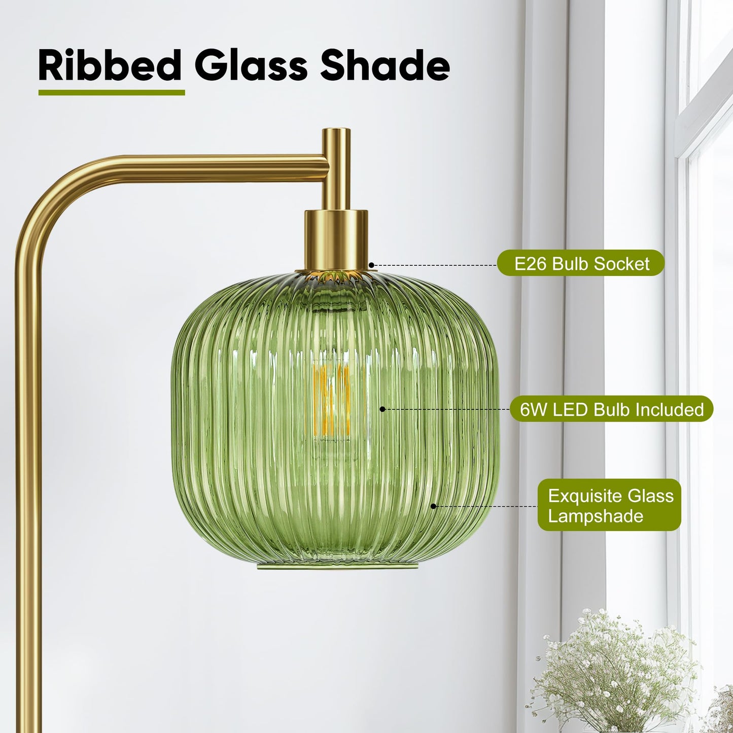 QiMH Glass Floor Lamp for Living Room, Modern Standing Lamp with Ribbed Glass Lampshade Pedal Switch, 67” Tall Lamp for Bedroom Study Room, Brushed Gold (2700K LED Bulb Included)