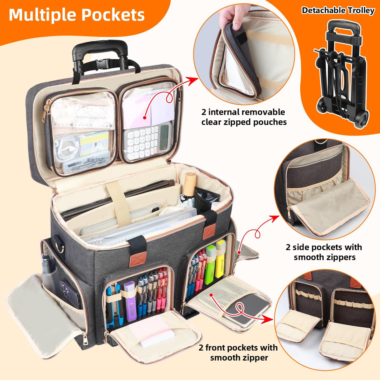 Sambois Rolling Teacher Tote Bag with Detachable Trolley, Wheeled Teacher Bag with Padded Laptop Compartment for up to 15.6 Inch, Multifunctional Rolling Briefcase for Teaching& Office (Elegant Gray)