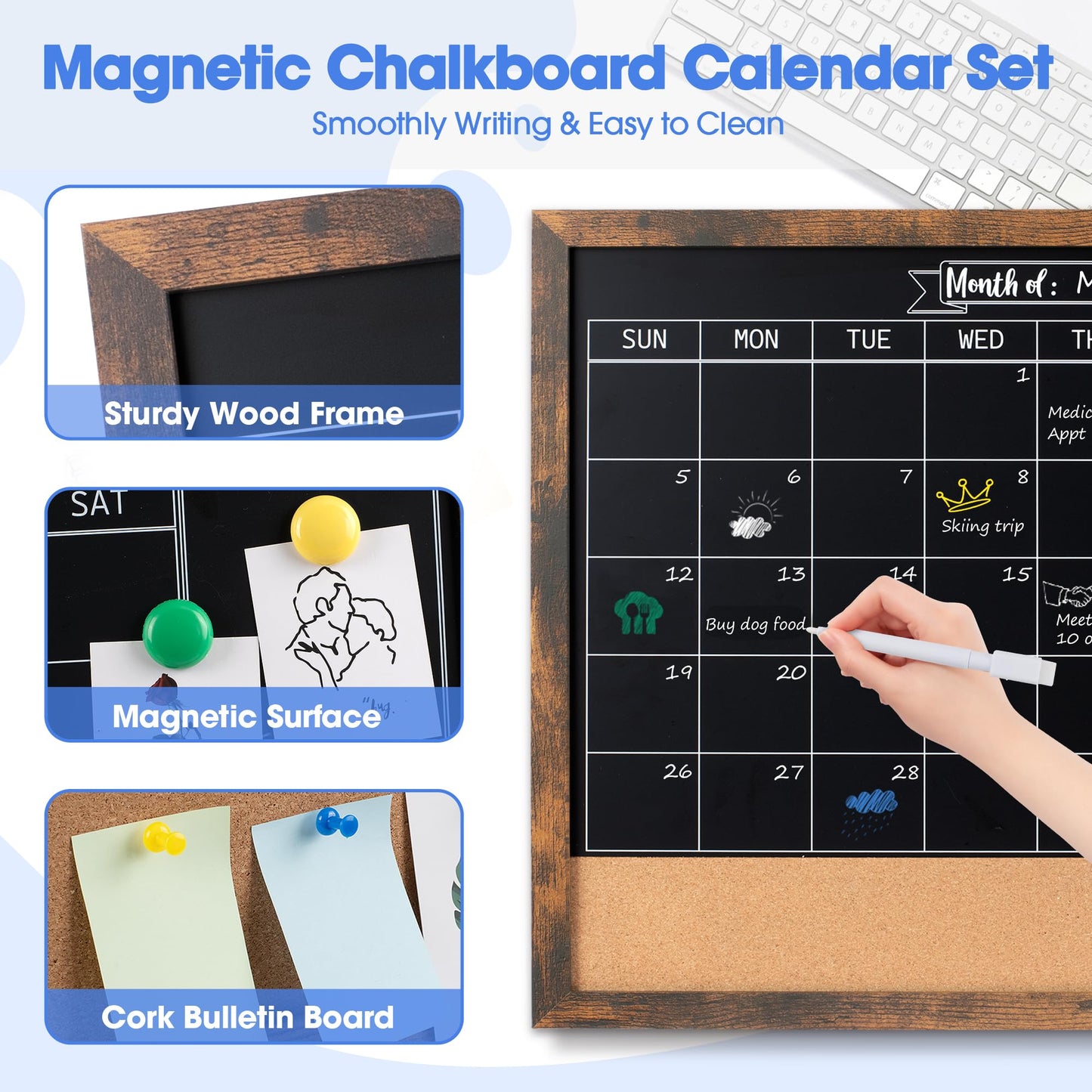 Board2by Monthly Chalkboard Calendar & Cork Board Combo, 24" x 36", Magnetic, Wall Mounted, Blackboard for Office, Kitchen, School, Home