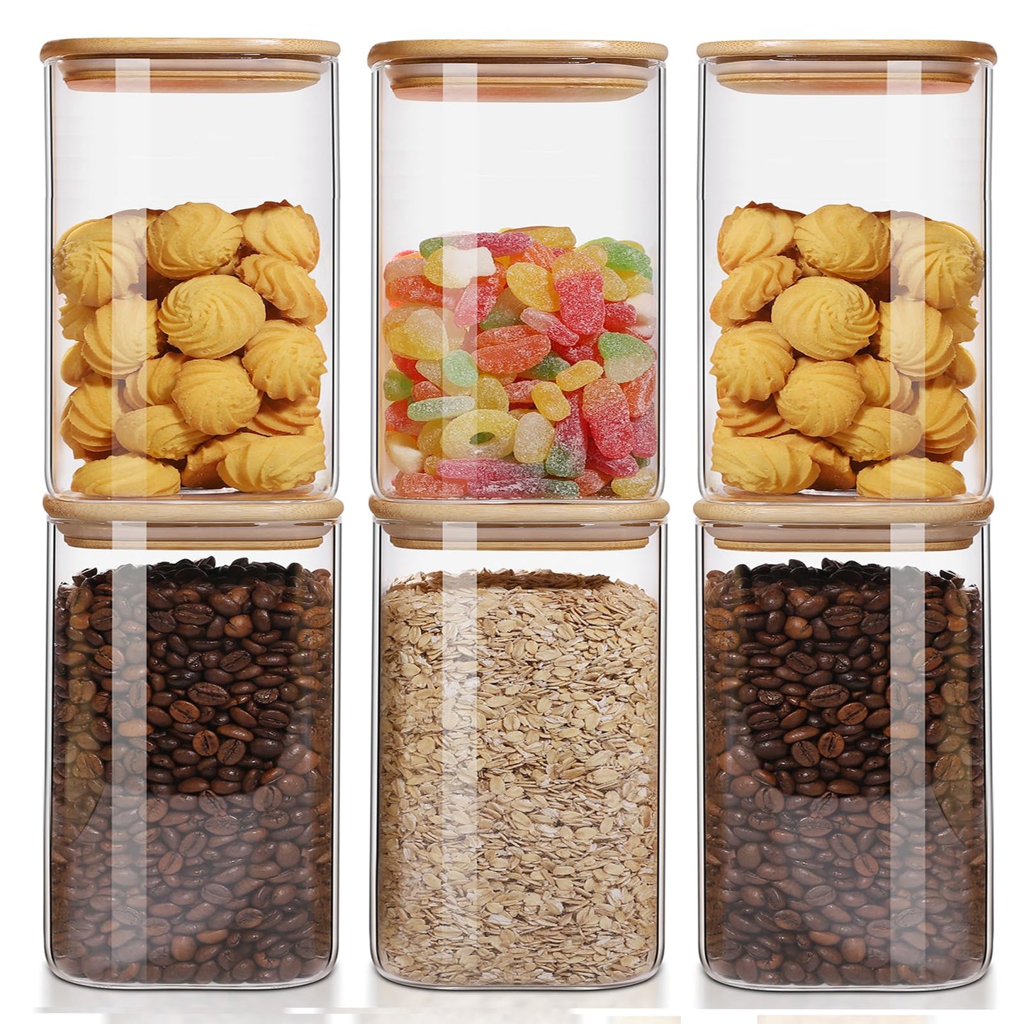 50oz Glass Food Storage Jars Set of 6,Glass Storage Containers Clear Glass Food Canister with Bamboo Lid Airtight For Serving Tea, Coffee, Flour, Sugar, Candy, Cookie, Spice and More (Square)