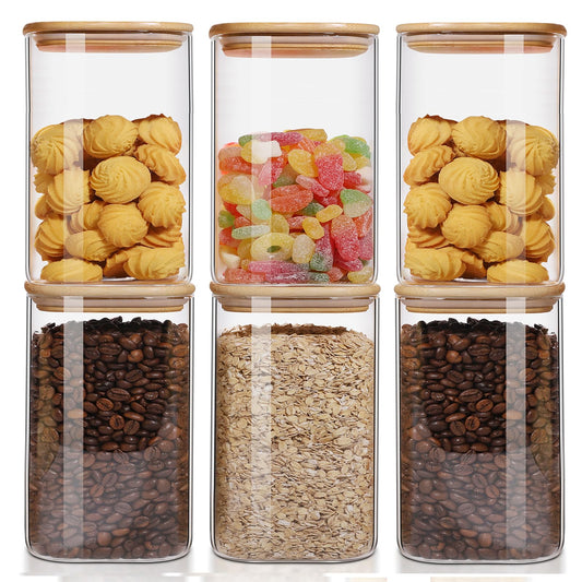 50oz Glass Food Storage Jars Set of 6,Glass Storage Containers Clear Glass Food Canister with Bamboo Lid Airtight For Serving Tea, Coffee, Flour, Sugar, Candy, Cookie, Spice and More (Square)