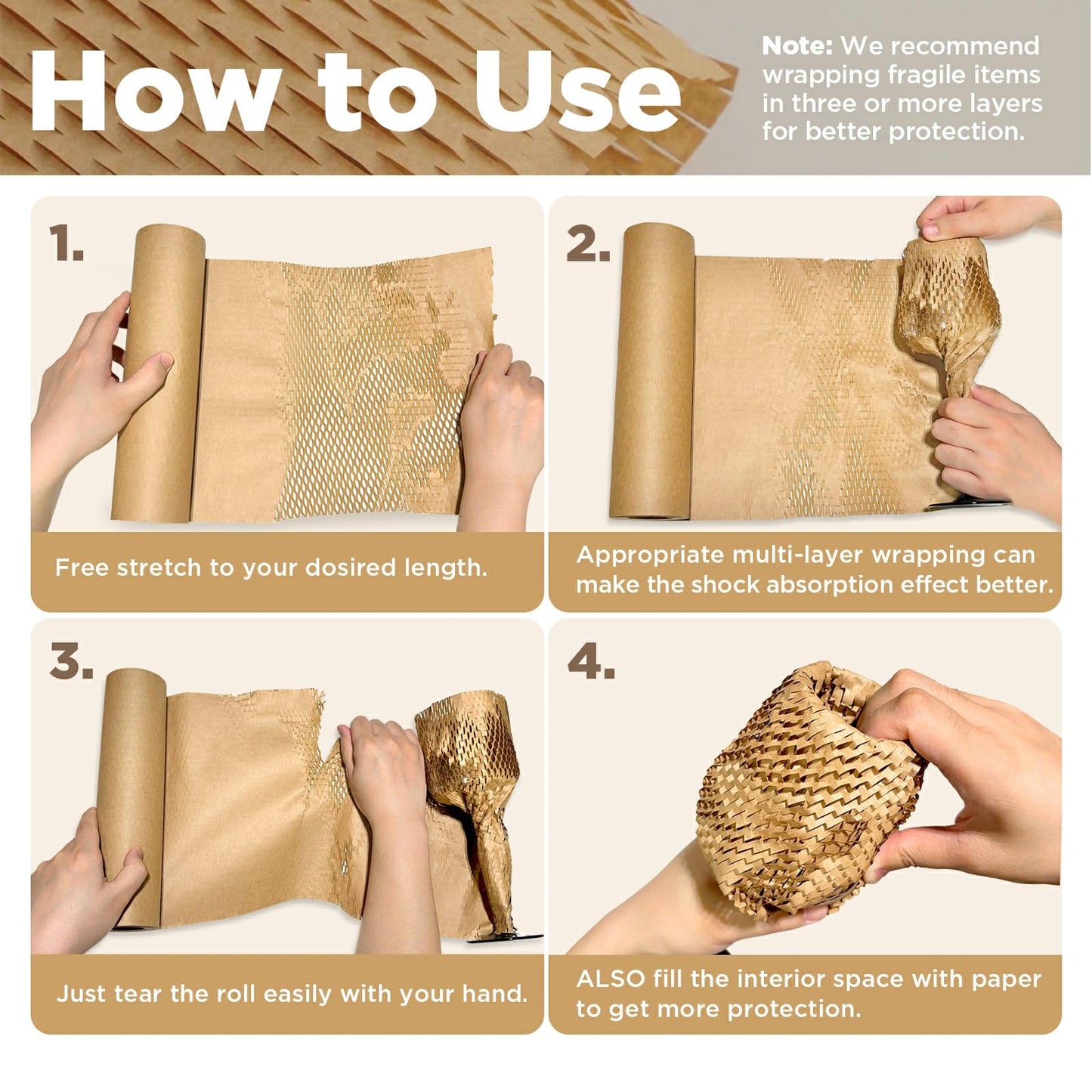 Honeycomb Packing Paper, 12"x400' Brown | Perforated Honeycomb Packing Paper Recyclable Moving Supplies for Shipping & Moving | Plastic-Free Alternative to Bubble Cushion Wrap with 36 Fragile Stickers