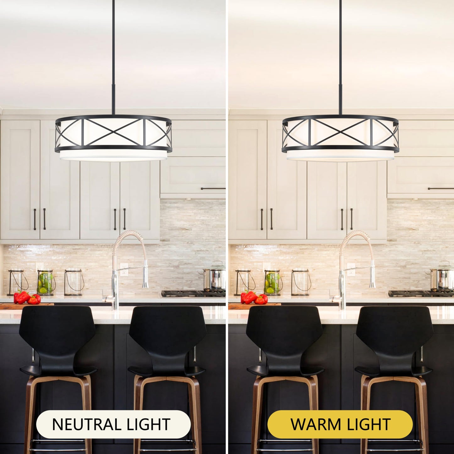 19.7'' Black Drum Chandelier, 5-Light Modern Drum Farmhouse Chandeliers for Dining Room Light Fixture Hanging Pendant Light with White Fabric Shade for Kitchen Living Room Foyer Entryway Bedroom