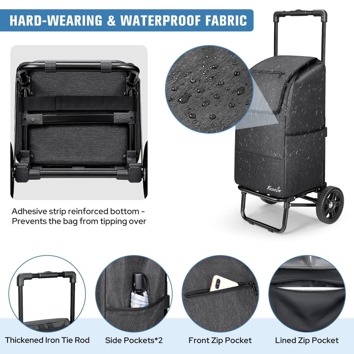 KEDSUM 2 in 1 Shopping Cart for Groceries, 330 lbs Grocery Cart on Wheels, Foldable Utility Carts with Wheels, Hand Truck with Waterproof Tote Bag for Shopping, School, Laundry, Craft Show, Black