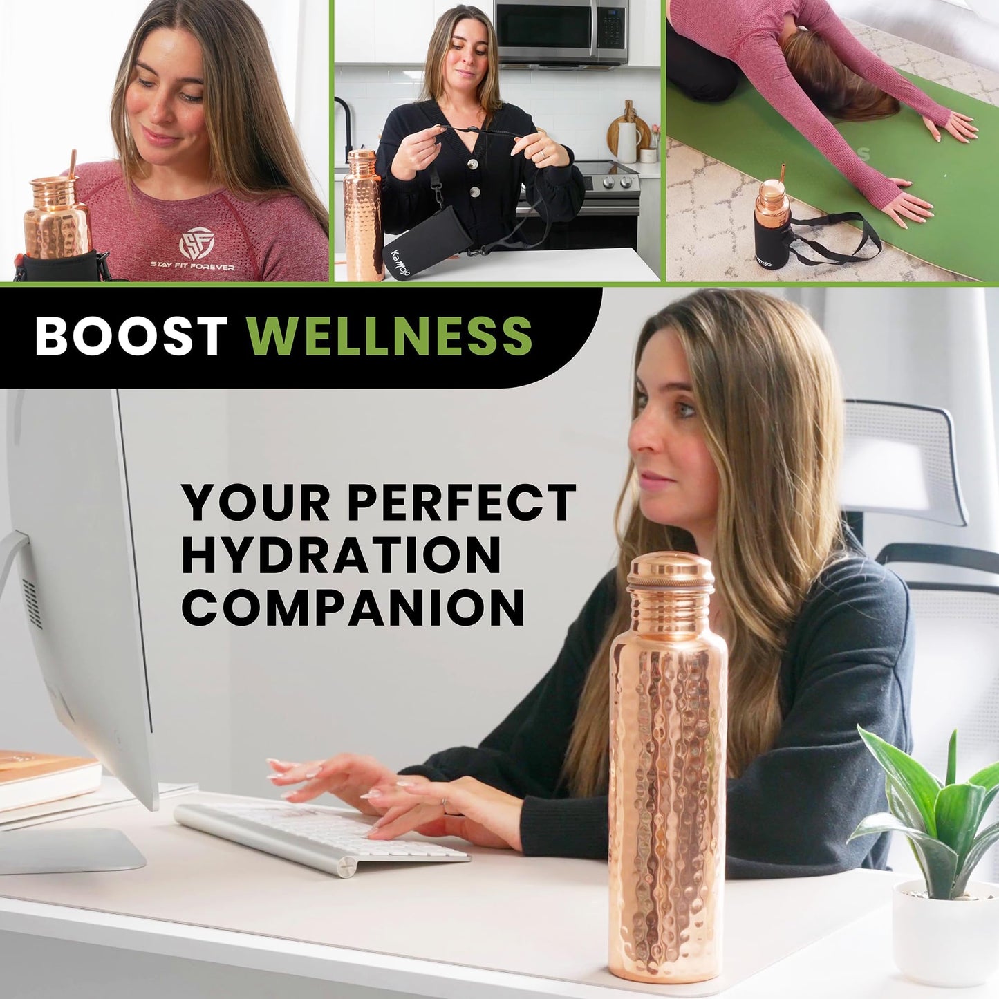 Kamojo Copper Water Bottle for Drinking - Hammered Pure Copper - Removable Insulating Sleeve & Straw - Leak Prooff Lid -Handcrafted Ayurvedic Cup for Water 32 fl oz