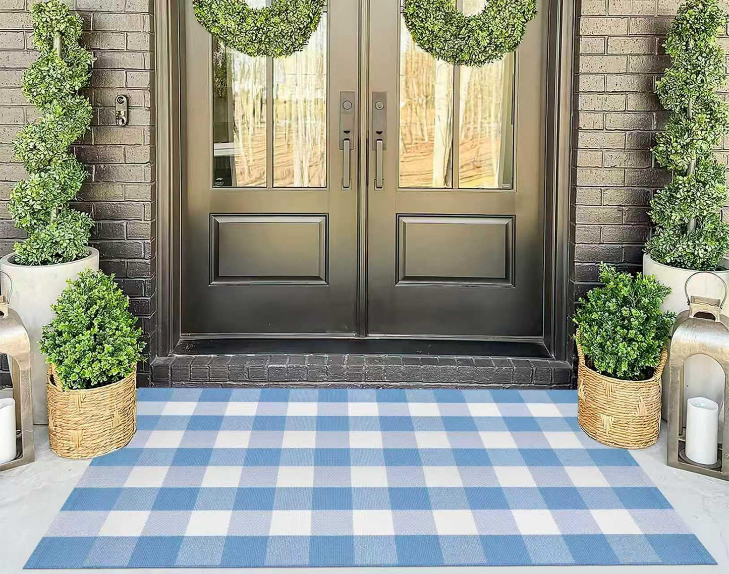 Buffalo Plaid Rug 3'x 5' Light Blue and White Checkered Porch Rug Cotton Woven Washable Layering Door Mat for Welcome Door Mat Porch Entryway Bedroom Living Room